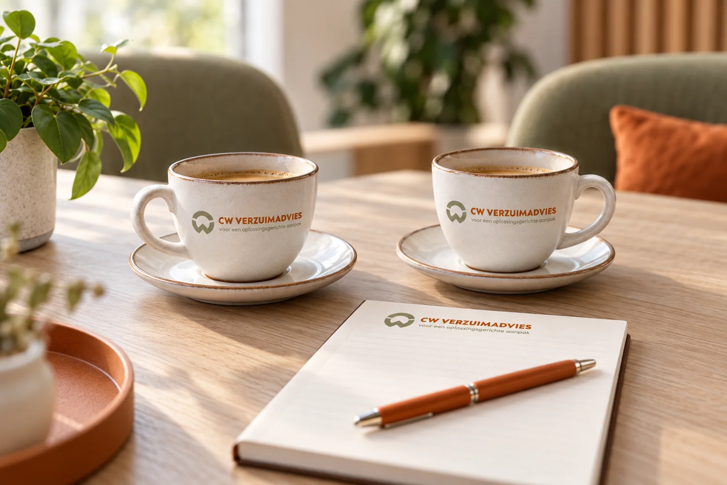 Koffiekopjes en kladblok met het logo van CW Verzuimadvies