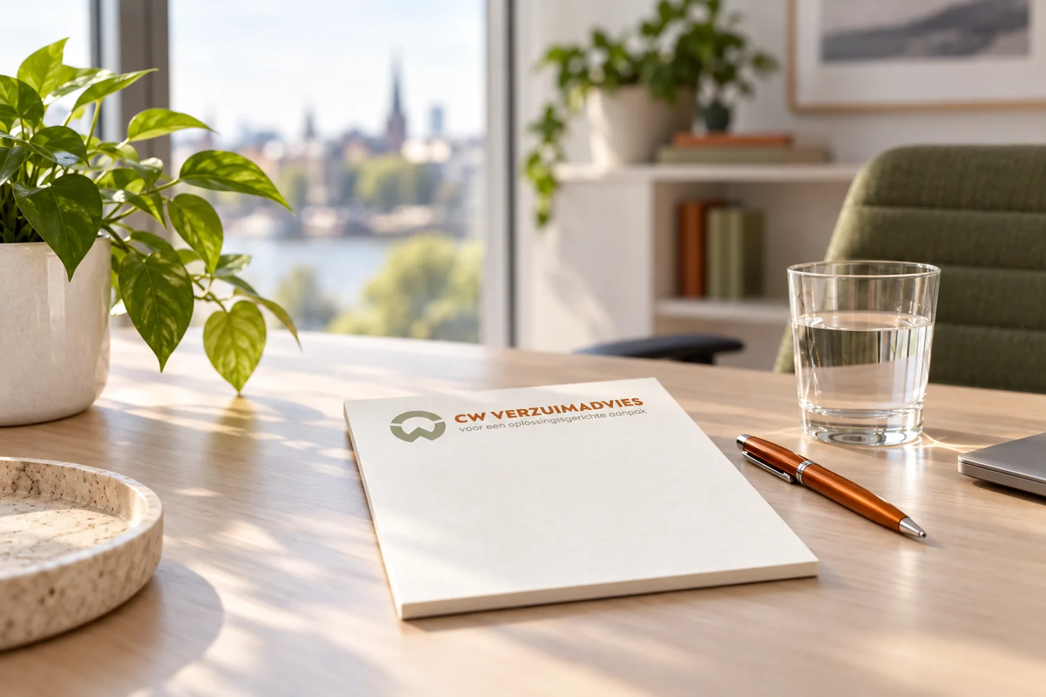 Werkplek in CW-huisstijl met het CW-logo op een kladblok